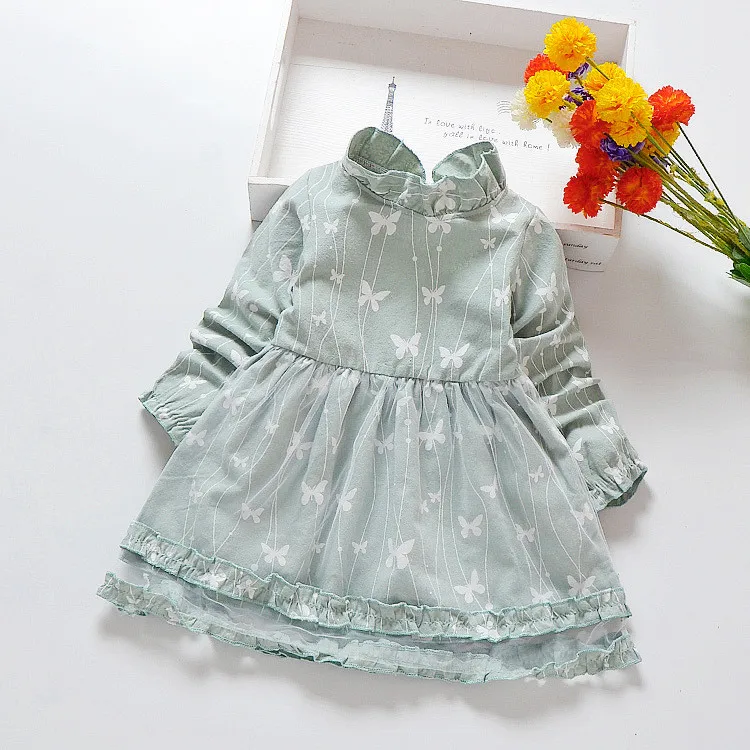 Baby Long Sleeves Lace Pure color Butterfly Pattern Children's Wear Dress Fashion O-neck Children Dresses For Wedding Party | Детская