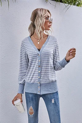 

Women's New Fall Striped Stitching Single Breasted Cardigan Coat Fashion Slim V-Neck Cardigan T Shirt