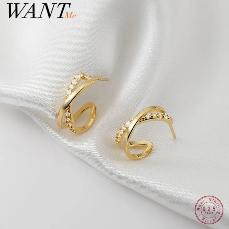 

WANTME 925 Sterling Silver Fashion Cross Shiny Zircon Stud Earrings for Women Punk Elegant Party Unique Golden Jewelry Female