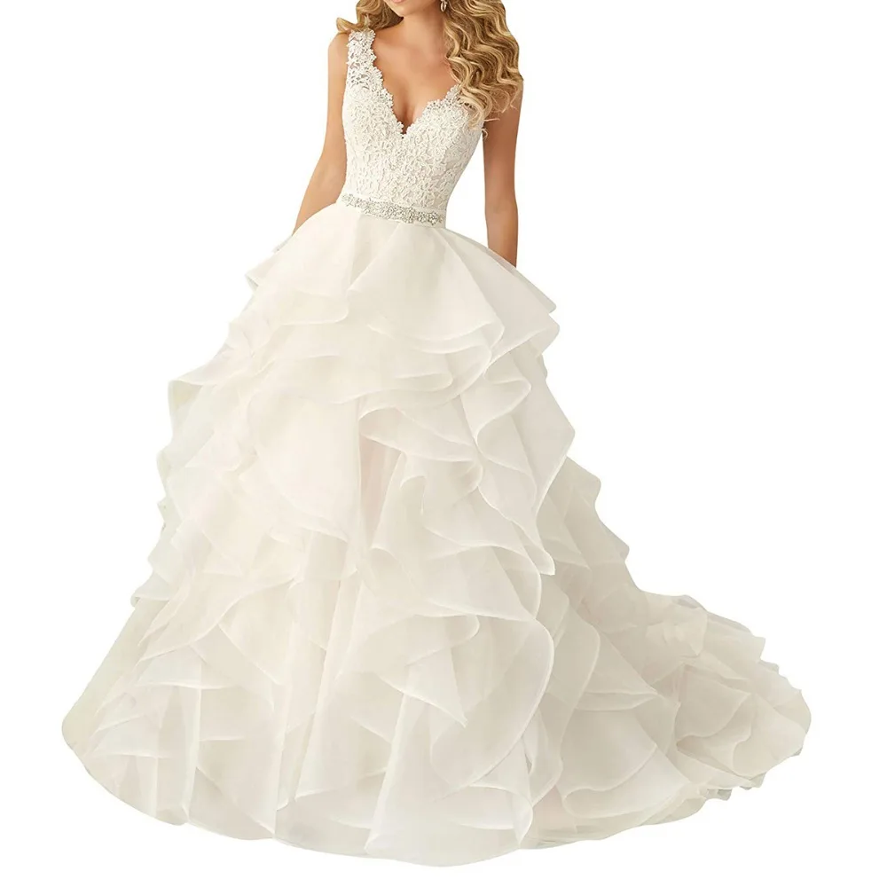

OEM Sexy Lace Deep V Neck Ruffle Wedding Dress Patterns A Line White Designer Sleeveless Bridal Wedding Gowns