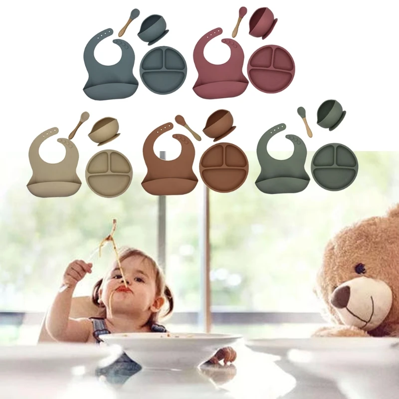 

4pcs/set BPA Free Baby Silicone Tableware Waterproof Bib Solid Color Dinner Plate Sucker Bowl And Spoon For Children Kids New