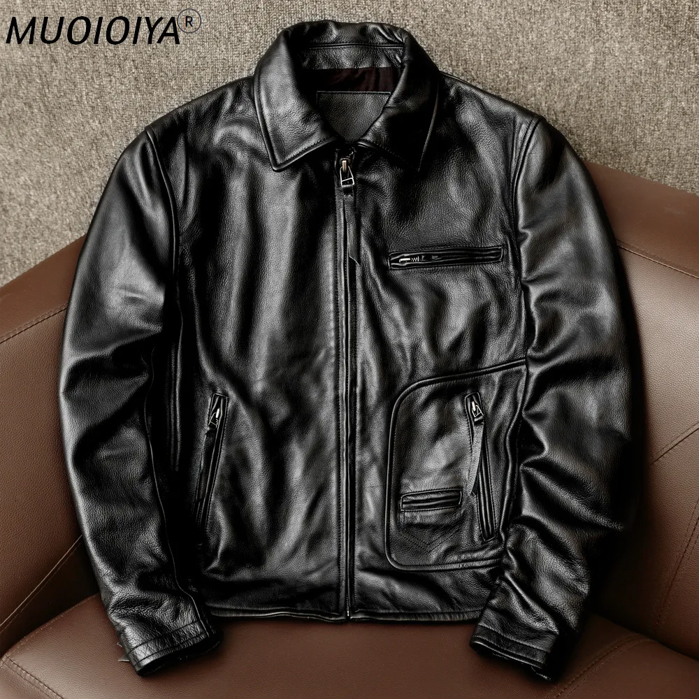 

Free Shipping.new style.warm men cowhide jacket.quality biker leather coat.fashion slim leather clothes.black