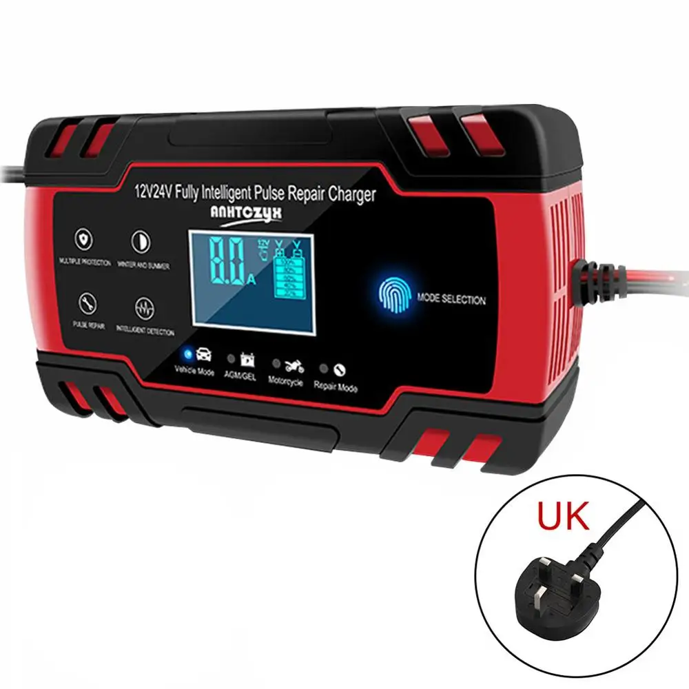 UK Plug 12/24V автомобиль Батарея Зарядное устройство полностью автоматический Сенсорный экран ремонт импульса Зарядное устройство цифровой ЖК-дисплей Дисплей сухая свинцово-кислотный Батарея Зарядное устройство s - Цвет: UK Plug