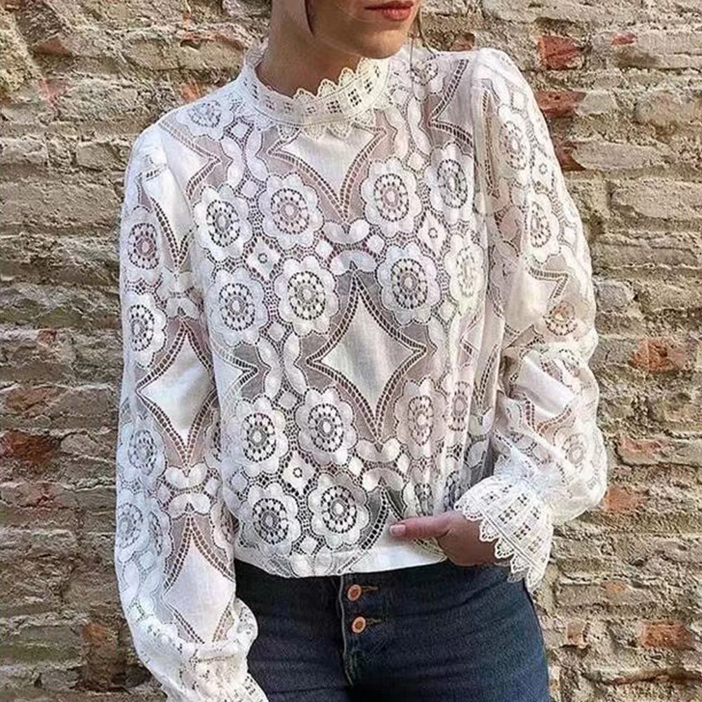 Женская блузка с длинным рукавом-фонариком белая кружевная вышивкой лето 2019 |