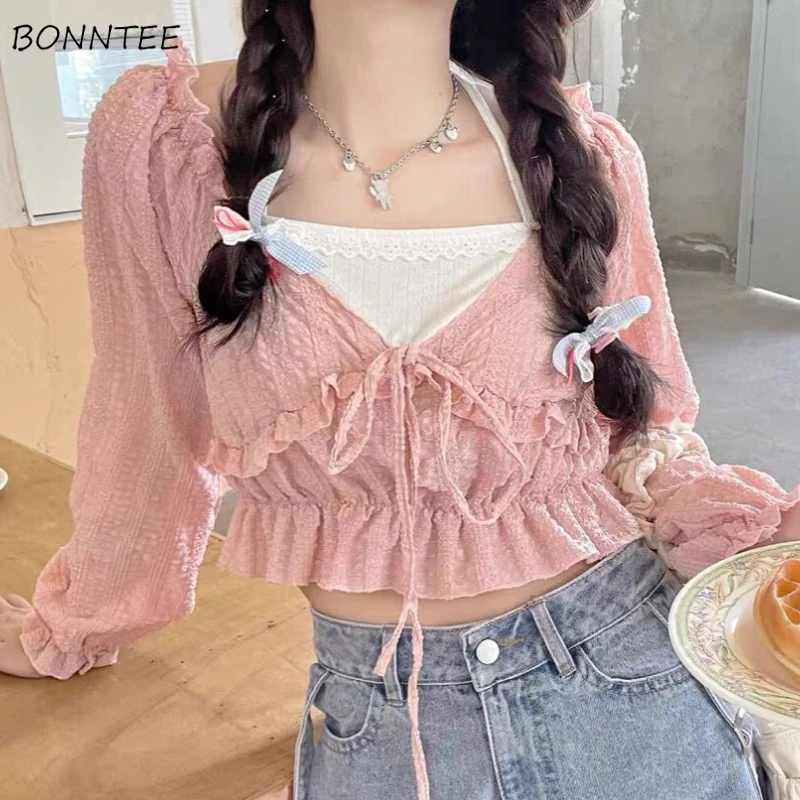 

Blouse Sweet Women Autumn Long Sleeve Fashion Korean Style Fake 2 Pieces Girls Crop Casual College Cute Daily All-match Street
