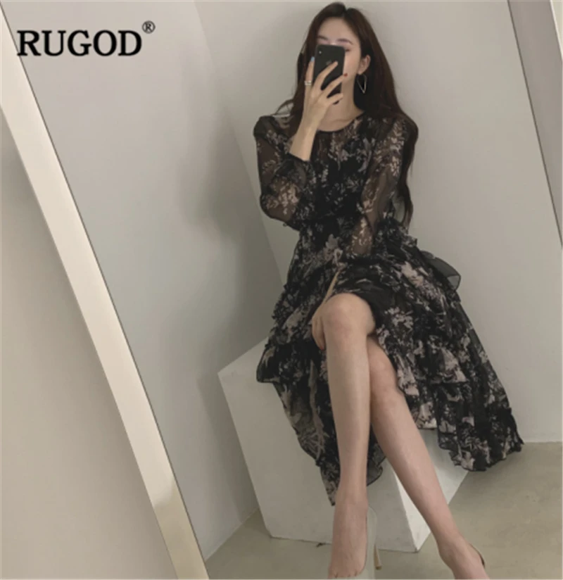 RUGOD 2020 Новое Осеннее женское шифоновое платье с цветочным рисунком комплект из