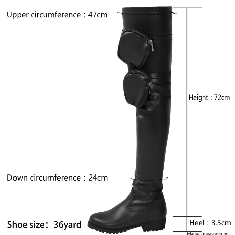 Brand Knee High Boots Pu Leather Low Heels Round Toe Pocket Bags Boots Women's Thigh High Boots 2021 Autumn Winter Women Shoes