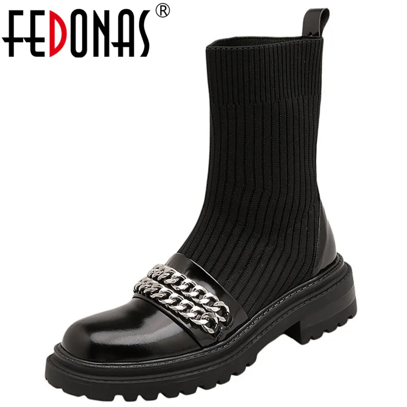 

FEDONAS 2021 Winter Newest Shoes Woman Genuine Leather Metal Decoration Chunky Heels Ankle Boots Party Casual Basic Boots Boots
