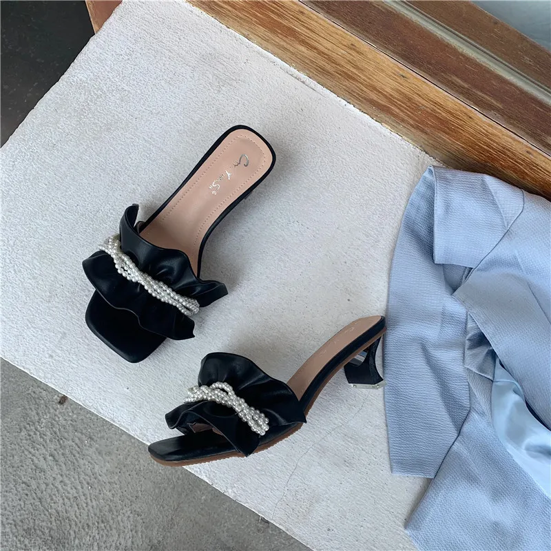 

Shoes Woman 2021 String Bead Female Slippers Luxury Slides Heeled Mules New Designer Summer High Rome PU Basic Fabric Sweet Rubb