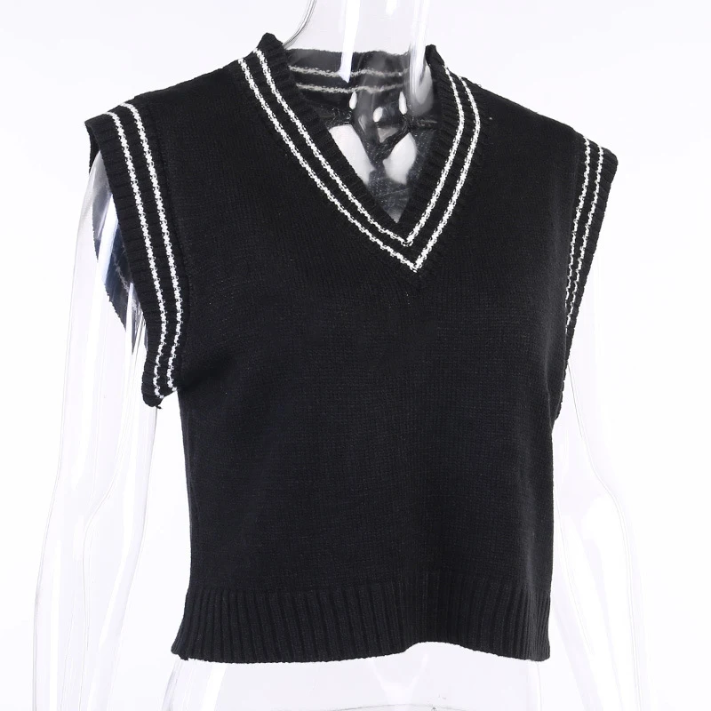 

Women's Sleeveless Sweater Preppy Style V Neck Pullover Vintage Knitting Vest Woman y2k Solid Casual Korean Female Winter Tops