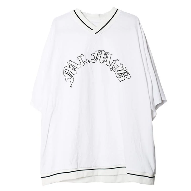 

Cotton V-neck Letter Print Sports Baseball Oversized T Shirt Men Women Short Sleeve Loose American Street Vintage T-shirt Summer