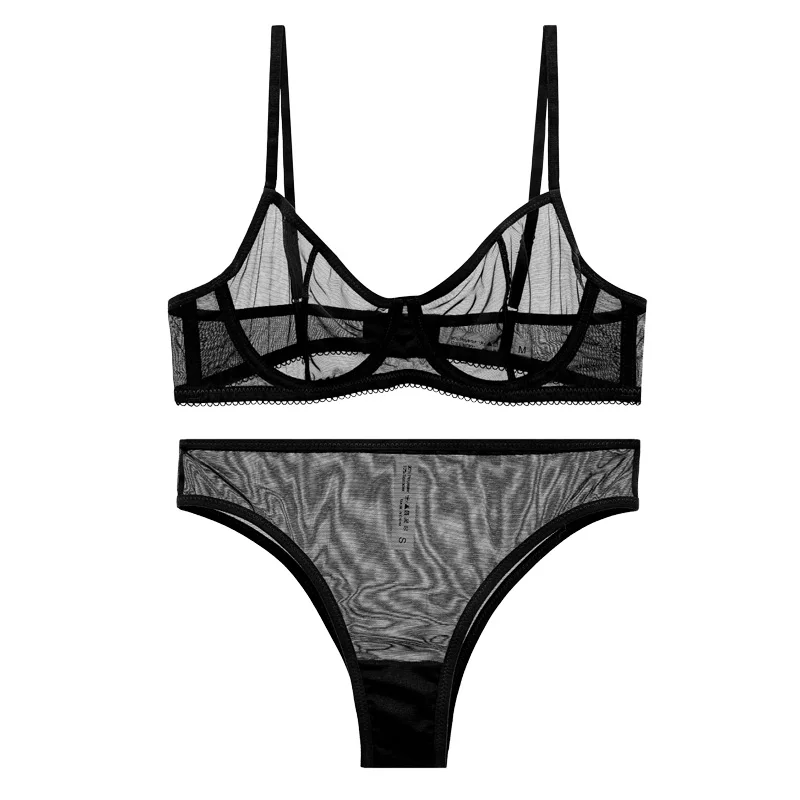 

2021NEW Sexy gathered bra set mesh see-through small chest steel ring women's lingerie seamless set ladies lingerie with briefs