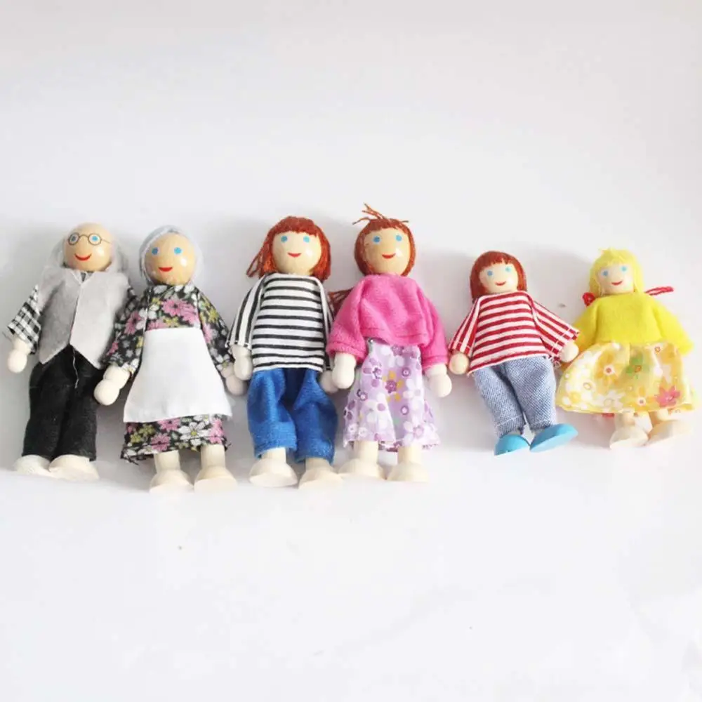 

6PCS Cute Doll Wooden House Family People Set Kid Children Pretend Play Toy Gift Family Miniature 6 People Doll