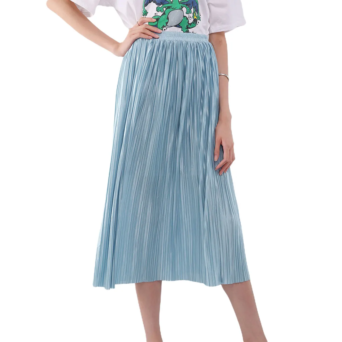 

Womens Fashion Vintage Metallic Elegant Solid Color Long Mid Calf Pleated Skirt Stretch High Waist Casual Loose Skirts Autumn