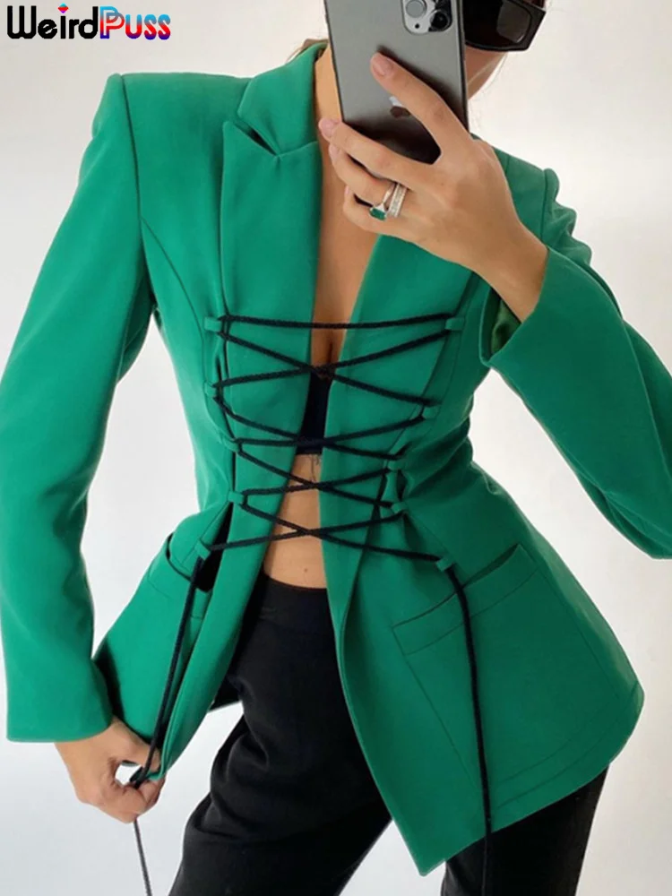 

Weird Puss Women Elegant Blazer Solid Color Lace Up V-Neck Pocket Long Sleeve Slim Wild Coat Fall Casual Office Lady Streetwear