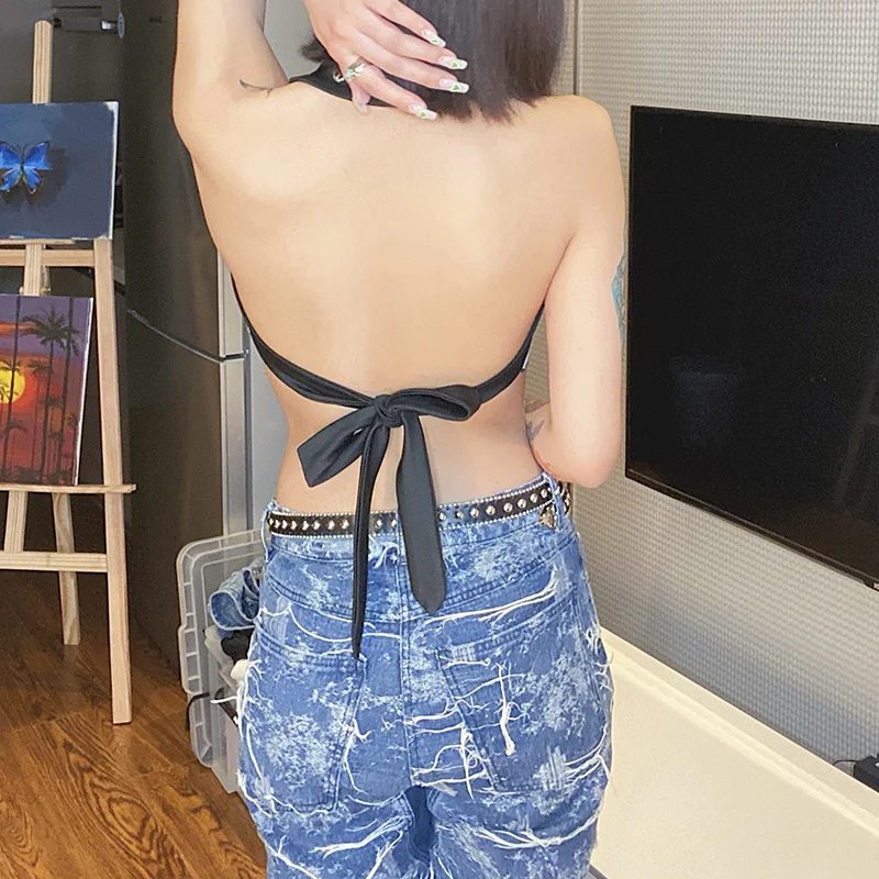 

Silver Holographic Patchwork Halter Cami Crop Top Tee Women Sexy Backless Bandage Bustier Corset Summer Beach Club Tops Iamhotty