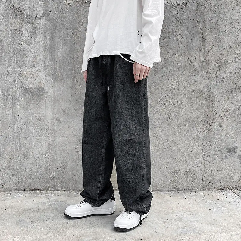 2020 Men's Loose Straight Pants Baggy Homme Casual Pants Cargo Pocket Wash Jeans Blue Color Cotton Biker Denim Trousers M-5XL