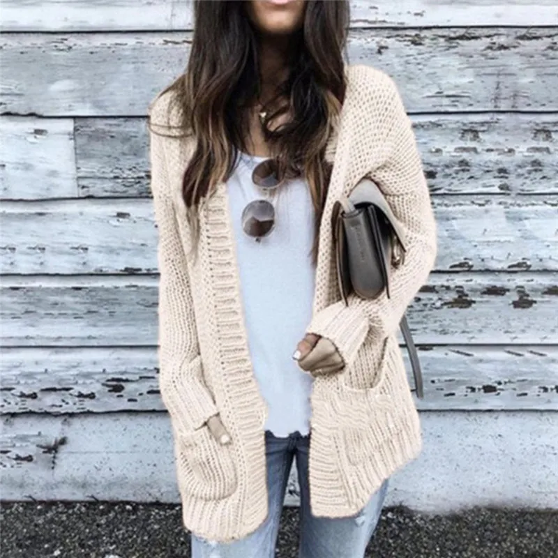 

2021 New Cardigan Coat Womens Pockets Sweater Long Women Warm Sweater Knitted Female Sweater Winter