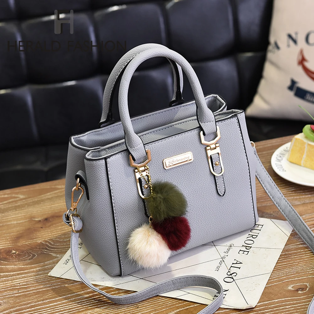 

Herald Fashion Hair Ball Shoulder Bags Women Hanbag Quality Leather Female Crossbody Bags Casual Tote Bag Ladies' Messenger Bag