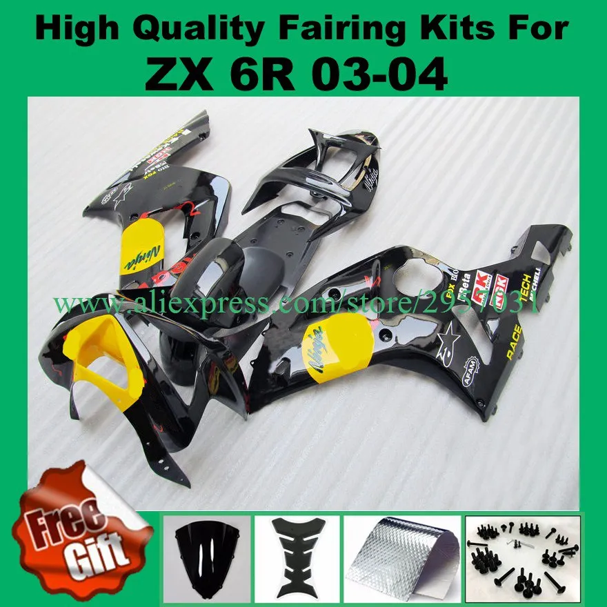 

Free screws+gifts Injection mold Fairing kit for KAWASAKI Ninja ZX6R 636 03 04 ZX 6R 2003 2004 Black Yellow Fairings set