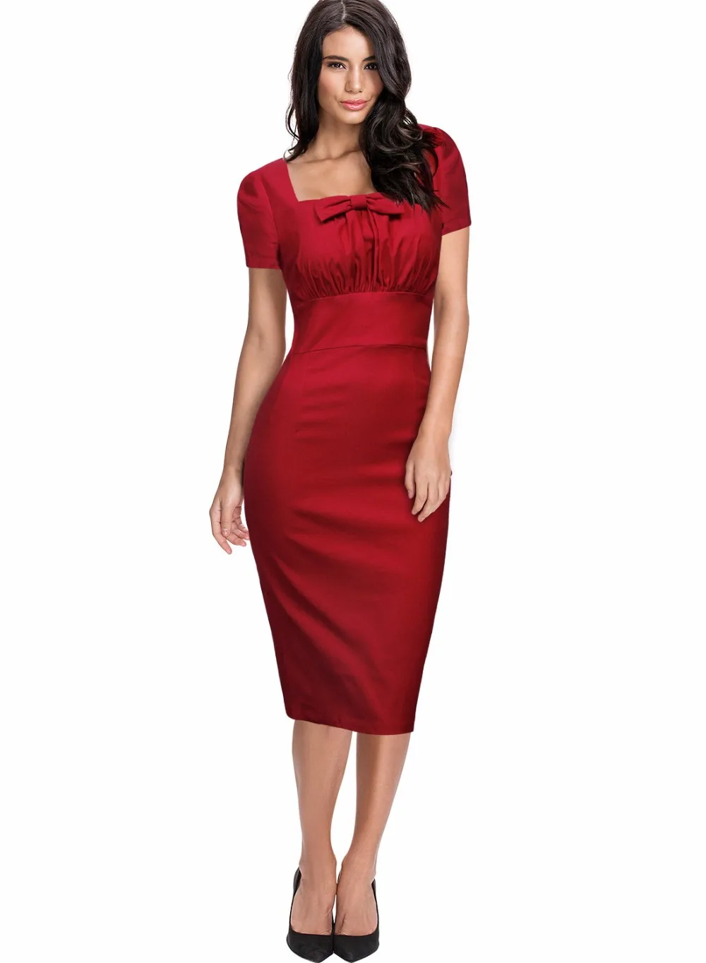 

the New High-quality European and American Women's Solid Color Square Collar Lovely Bow Elastic Fold Pack Hip Dress