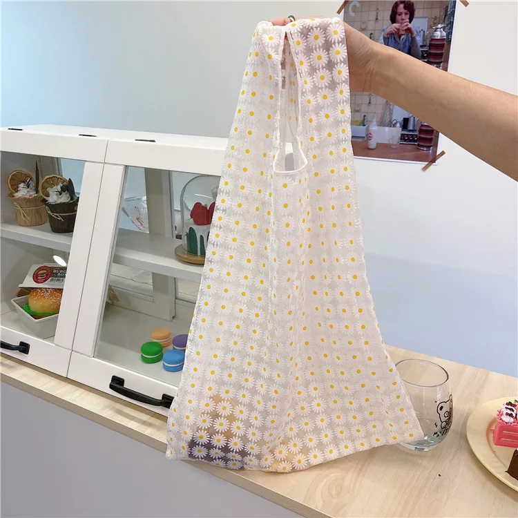 

New Women Embroidered Floral Handbag Translucent Organza Mesh Tote Shoulder Bags Daisy Casual Large Shopping Bag