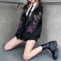 punk graphic printed hoodies women vintage black zipper y2k oversize sweatshirt female 90s harajuku streetwear jacket