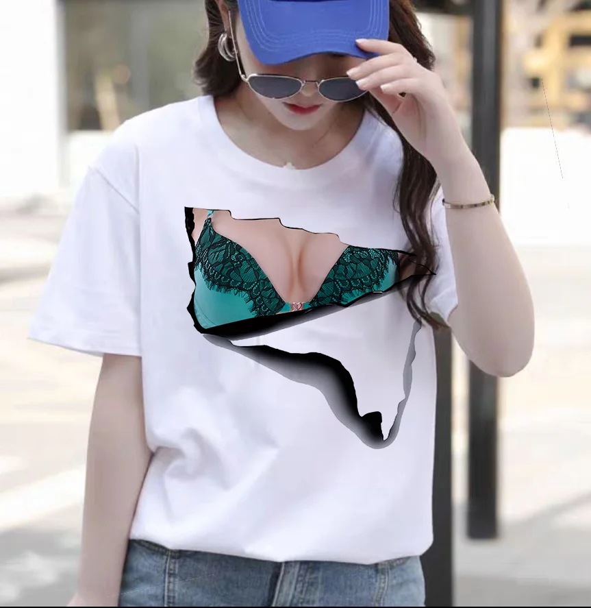 

New Women T-shirt Funny Print Chest Graphic Tee Creative Pattern Spoof Female Harajuku White T Shirt Summer Tops CN(Origin)