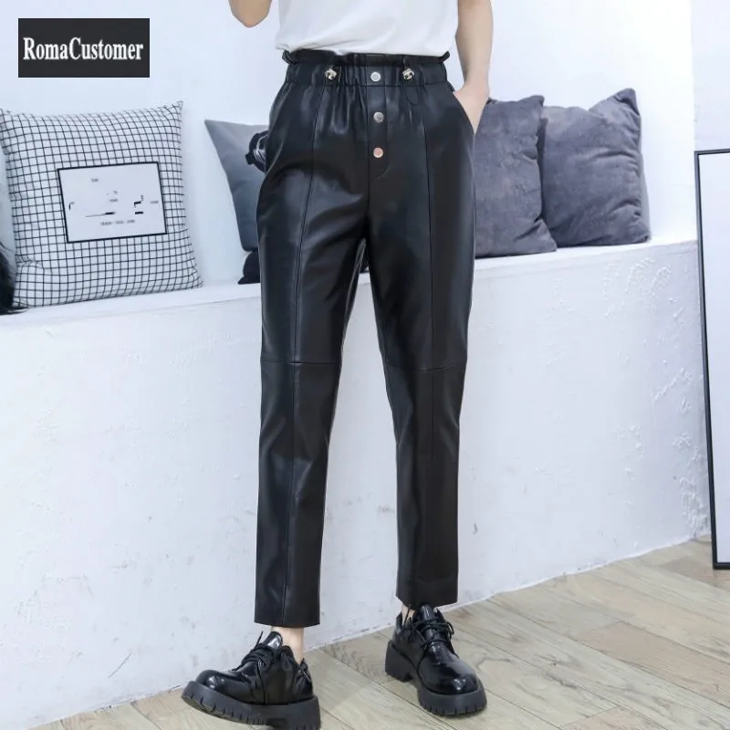 

Straight Pants Womens 2022 Autumn New Genuine Leather Pants Sheepskin Zippers Ankle-Length Elastic Waist Casual Harem Pants