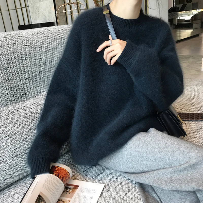 

2021 Autumn Winter Women Soft Elegant Sweater Pullovers Fake Mink Cashmere Thick Warm Oversize Vintage Knitwears Wild Lady Tops
