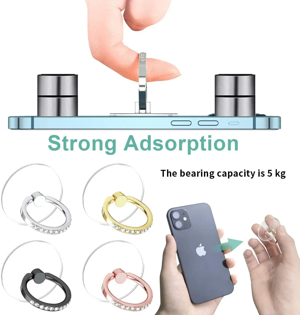 diamond cell phone ring holder stand transparent finger grip clear 360° degree rotation kickstand compatible iphones free global shipping