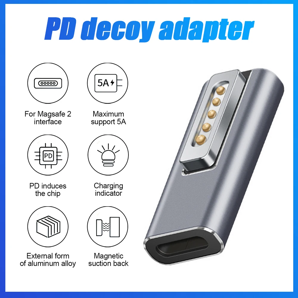 

PD Magnetic Adapter Type C Female to iOS Interface 2 Converter with Indicator Light 5A Charging Adapter for MacBook Air/Pro