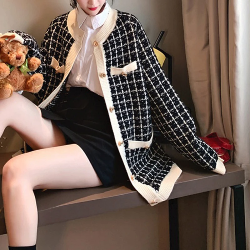 Клетчатый свитер женский длинный кардиган зимний Корейский стиль 2020 осенняя