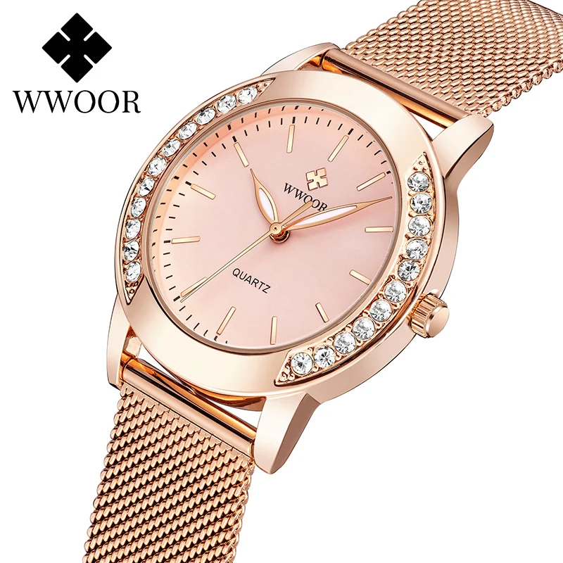 

WWOOR Women Fashion Pink Bracelet Watch 2021 Top Brand Luxury Diamond Quartz Ladies Watch Women Rose Gold Wrist Watch Gift Clock