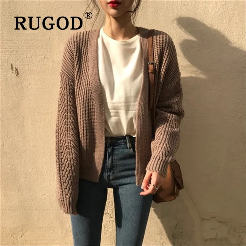 Женский кардиган RUGOD свободный однотонный с v-образным вырезом и рукавами зима 2019