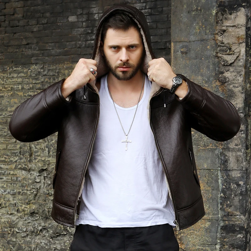 Новая мужская дубленка B3 короткая мотоциклетная куртка с капюшоном утепленная