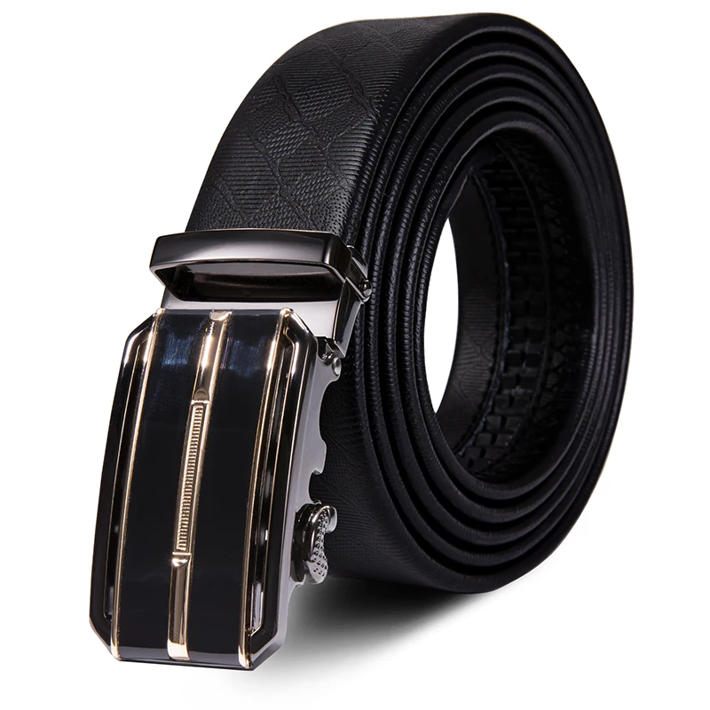 Мужской ремень из натуральной кожи Hi Tie черный деловой с автоматической пряжкой