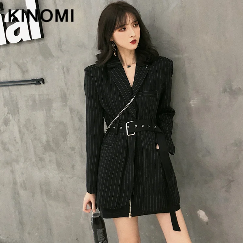 KINOMI Модный Полосатый Женский блейзер с поясом и зубчатым длинным рукавом Черная