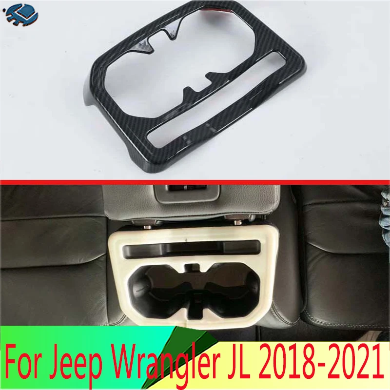 

For Jeep Wrangler JL 2018-2021 Carbon Fiber Style Rear Seat Drink Cup Holder Chrome Trim Cover Bezel Surround Frame Styling