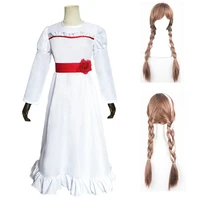 movie annabelle costume ghost doll cosplay white women long princess dress skirt girls hair kids uniforms wig halloween party