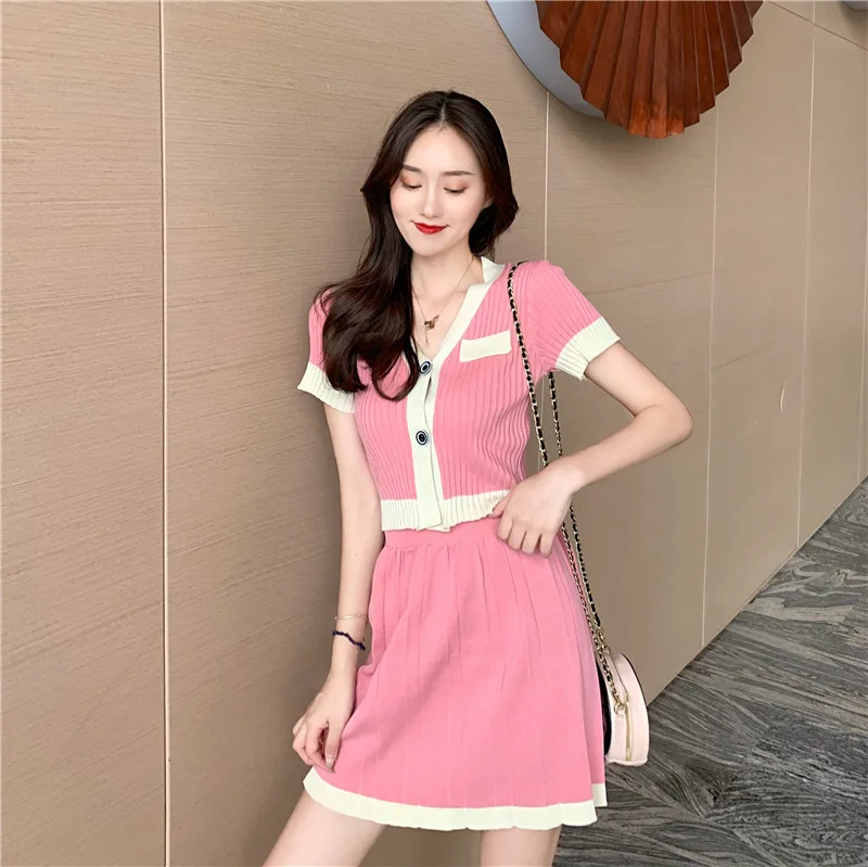 

Fashion Women Sets Casual T-Shirts Skirt Sets Knit 2-Piece Suit V-Neck High Waist Thin Slim Short Sleeve Streetwear