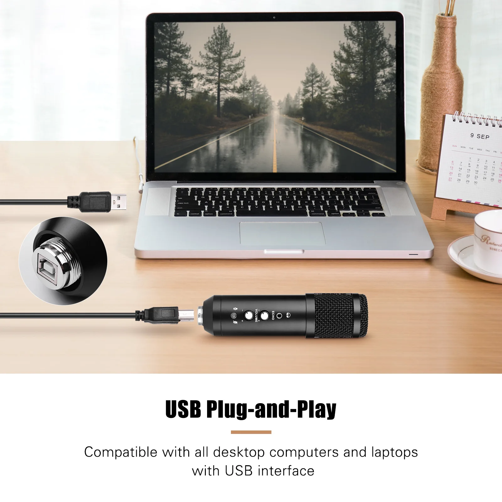 

Studio Recording USB Condenser Microphone Kit with Mini Desktop Metal Tripod Stand Windscreen USB Cable for Music Recording