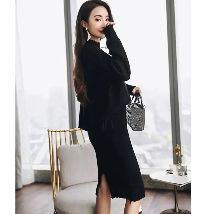 Женский элегантный пуловер Топы до колена юбка вязаный свитер набор офисный