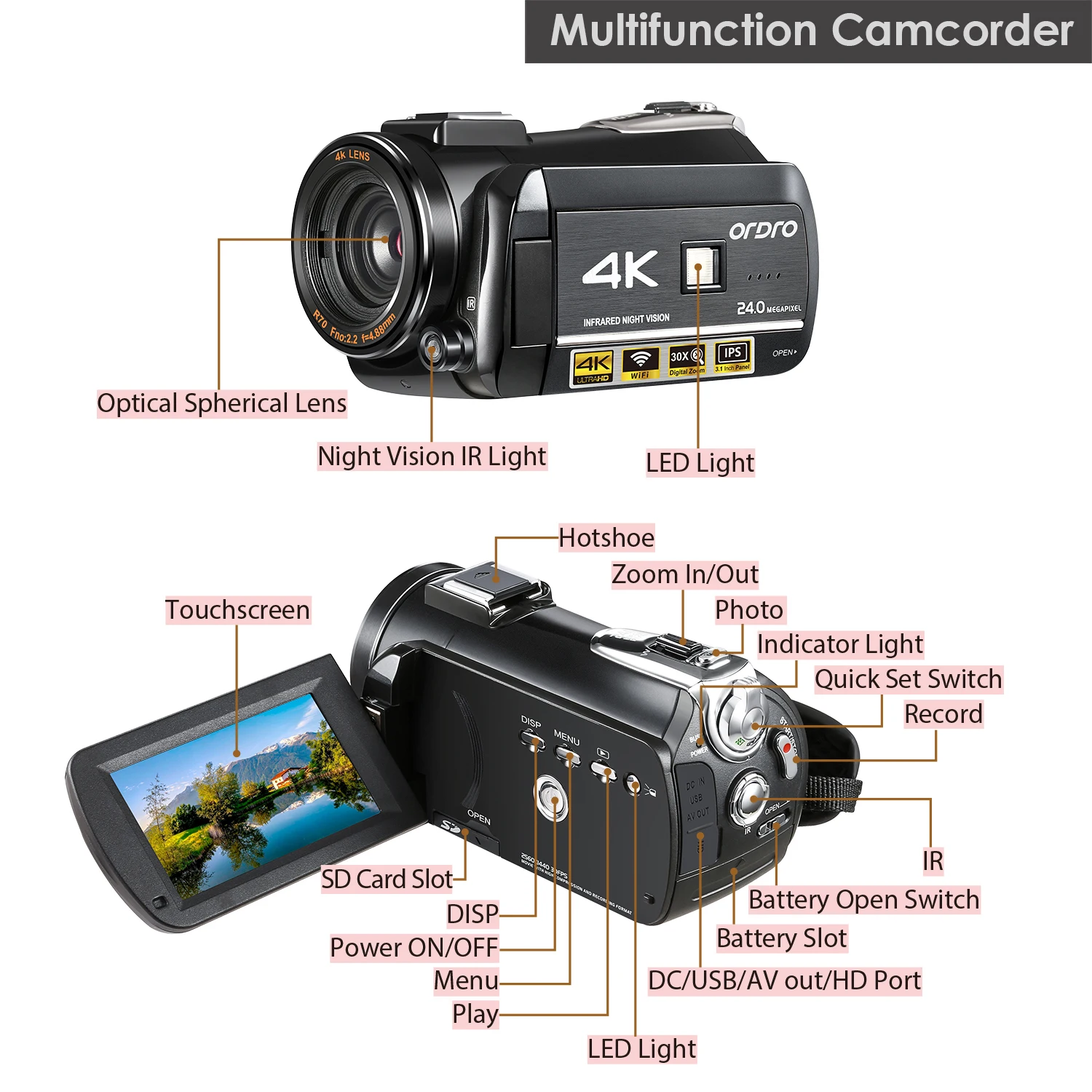 Видеокамера AC3 с сенсорным экраном 3 1 дюйма и cmos датчиком Sony IMX258 замедленная