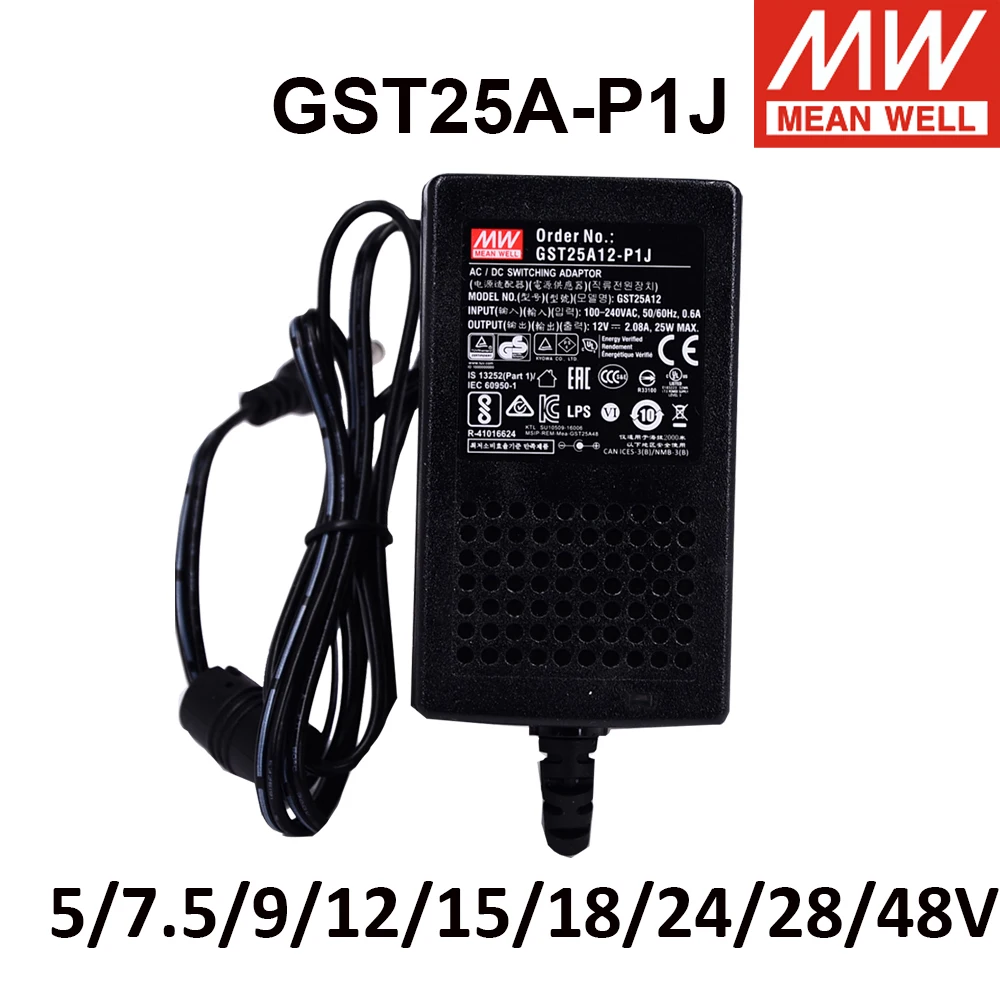 Адаптер Mean Well GST25A12-P1J, GST25A05-P1J, 25 Вт, 5 В, 7,5 в, 9 В, 12 В, 15 в, 18 В, 24 В, 28 в, 48 В, универсальное зарядное устройство для ноутбуков