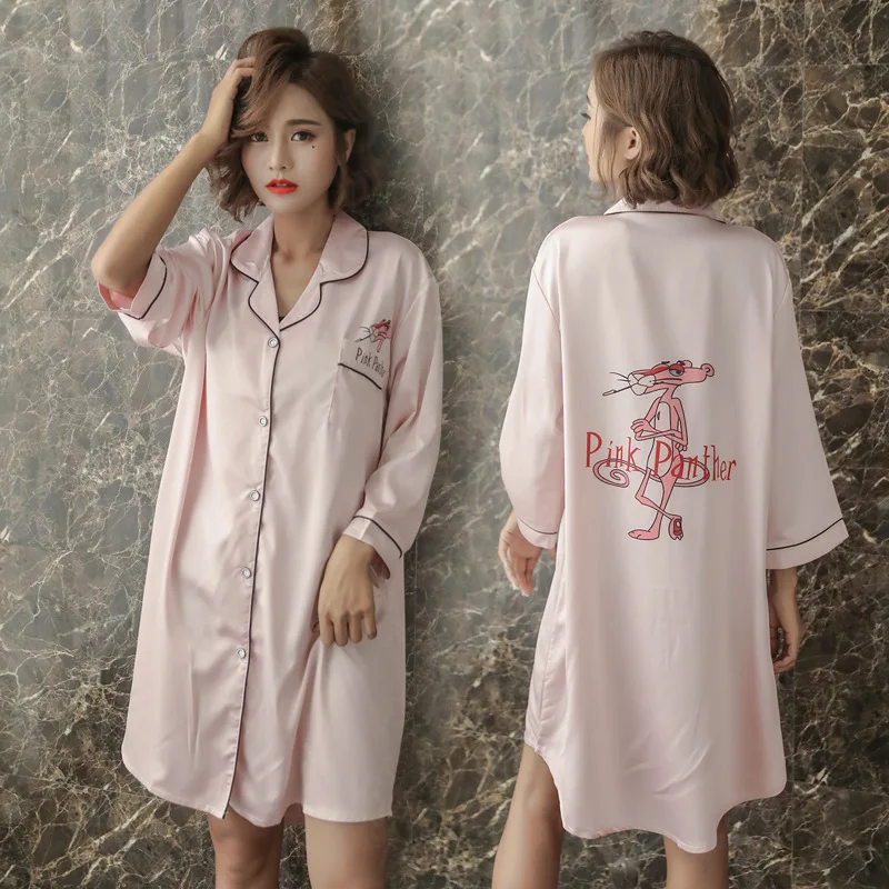 Women's Home Clothes Homewear Button Nightgown Turn-down Collar Nightie Three Quarter Sleeve Women Summer Thin Silk Night Dress