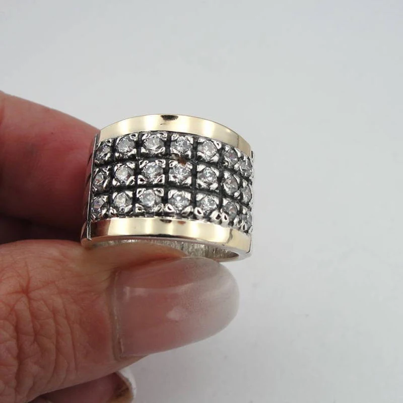 

Vintage Two Tone Three Lines White Stone Wide Ring For Women Men Wedding Party Banquet Retro Anniversary Jewelry D4M861