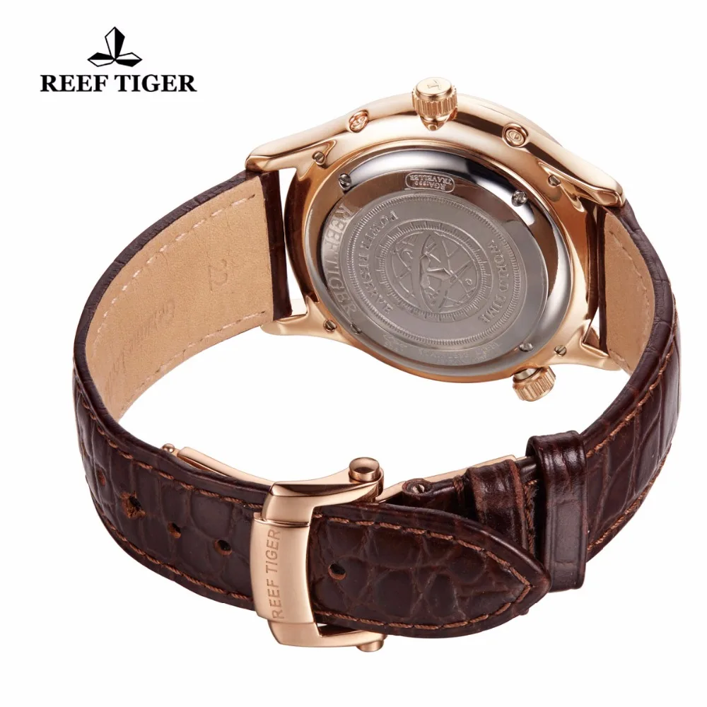 Reef Tiger/RT World Time часы с датой день месяц розовое золото кожаный ремешок часы двойное время Мужские автоматические часы RGA1951