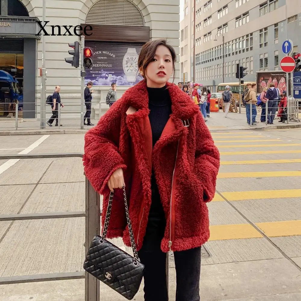 Women Winter Faux Fur Warm Coat Long Sleeve Female Thick Teddy Bear Coat Casual Loose Oversize Red Outwears faux fur coat zipper