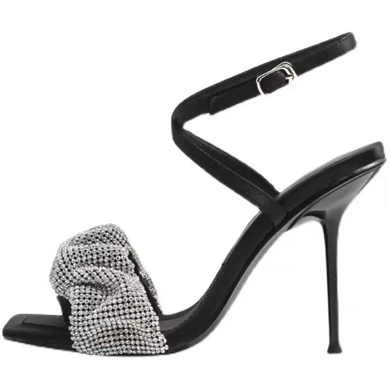 

High Heel Sandal for Women Shoes Lady 2021 Square Toe Suit Female Beige Buckle Strap High-heeled New Girls Summer Rhinestone Com